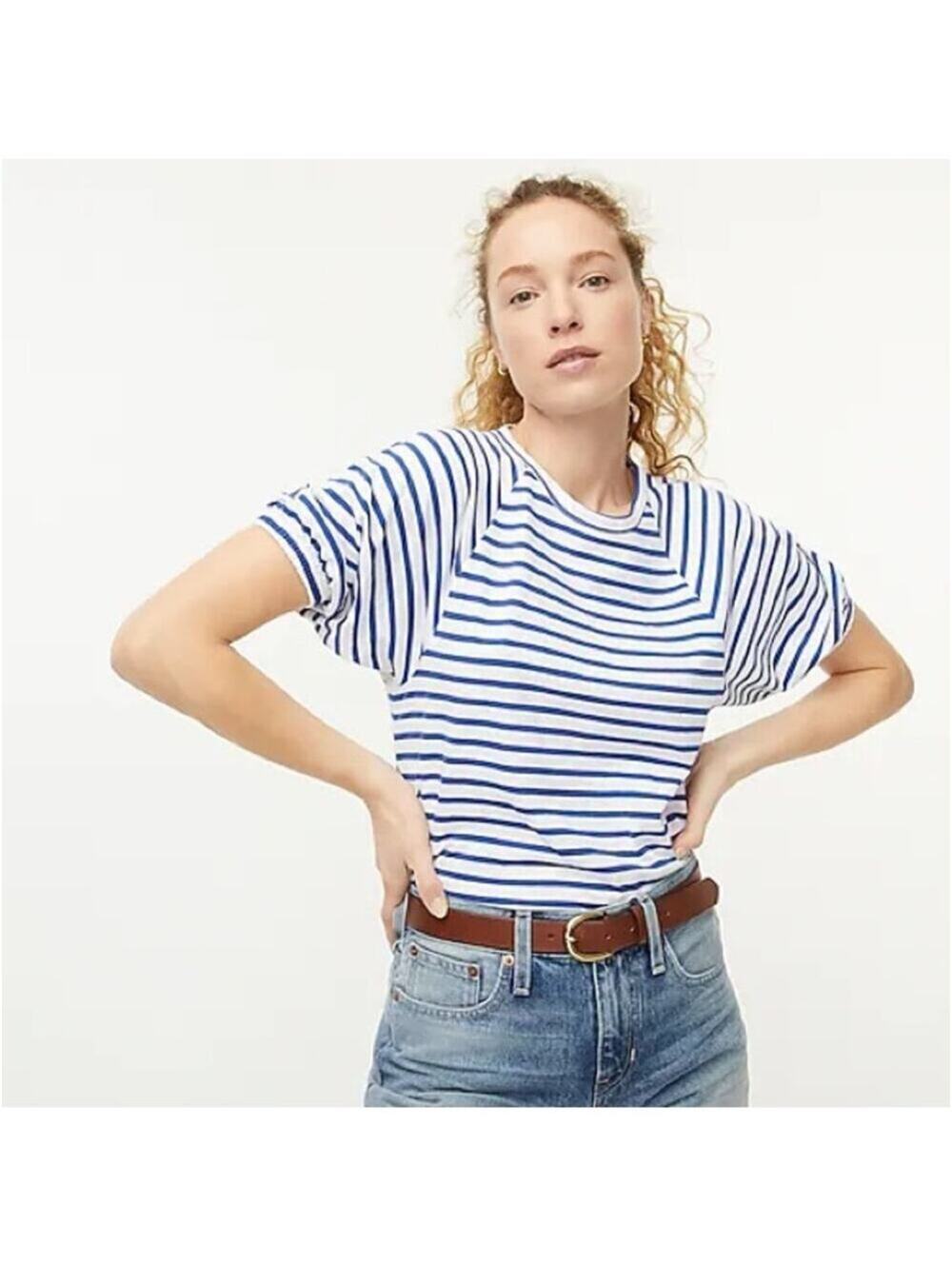 J. Crew NWT Blue White Striped Puff Sleeve Knit Top Size XXS